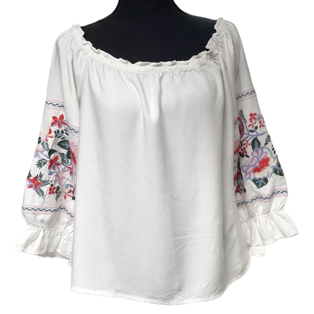 Sugar Lips White Embroidered Off Shoulder Peasant Style Top Blouse Womens Large - Picture 2 of 12